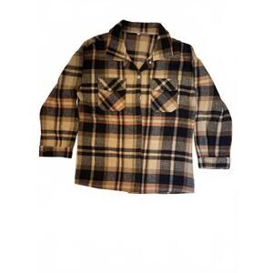 Women’s M Heavy Flannel Plaid Button Up Chore Work Jacket Tan Black